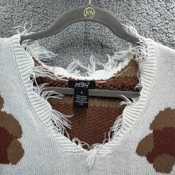 Just Polly NY Small Teddy Bear Knit Sweater Boxy Cut V-Neck Raw Hem Adorable - Picture 5 of 12